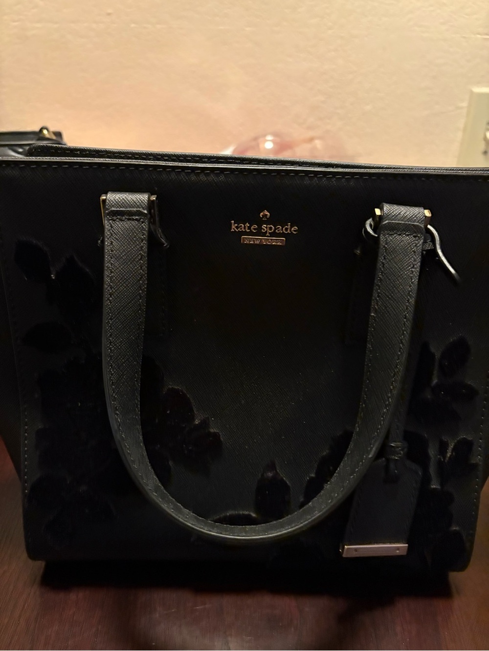 kate spade Black Velvet Floral Tote with Gold Logo